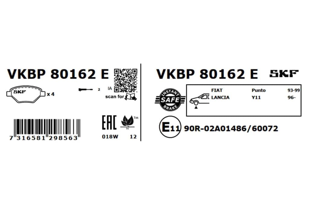 Jeu de 4 plaquettes de frein SKF ref. VKBP 80162 E